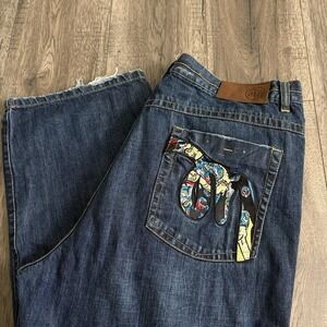 Meezan Jeans Mens 42x32 Blue Relaxed Fit Straight Leg Embroidered baggy *flaws*